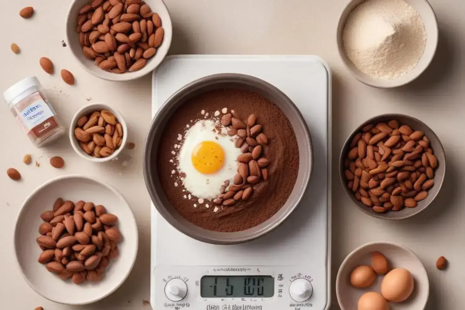 Ingredientes dispuestos para hacer pastel de chocolate sin harina, con almendras, cacao y huevo Cuenco grande con chocolate en polvo, un huevo crudo y almendras, rodeado de ingredientes para pastel de chocolate sin harina, en una superficie clara.