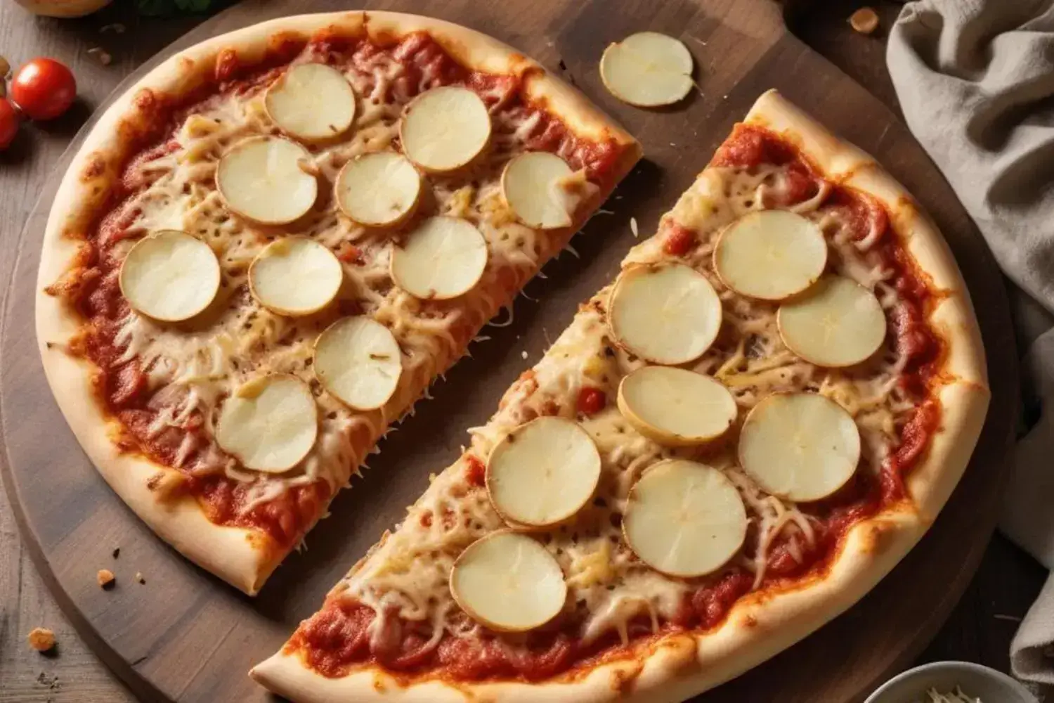 Pizza con patata sobre una tabla de madera, decorada con rodajas de patata y salsa de tomate. Fondos marón y gris claro.