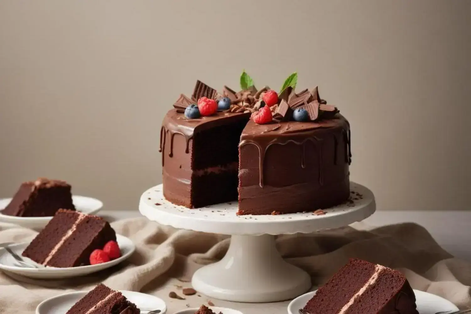 Pastel bajo en azucar de chocolate decorado con frambuesas rojas, arándanos y trozos de chocolate en un pedestal blanco sobre un fondo beige.