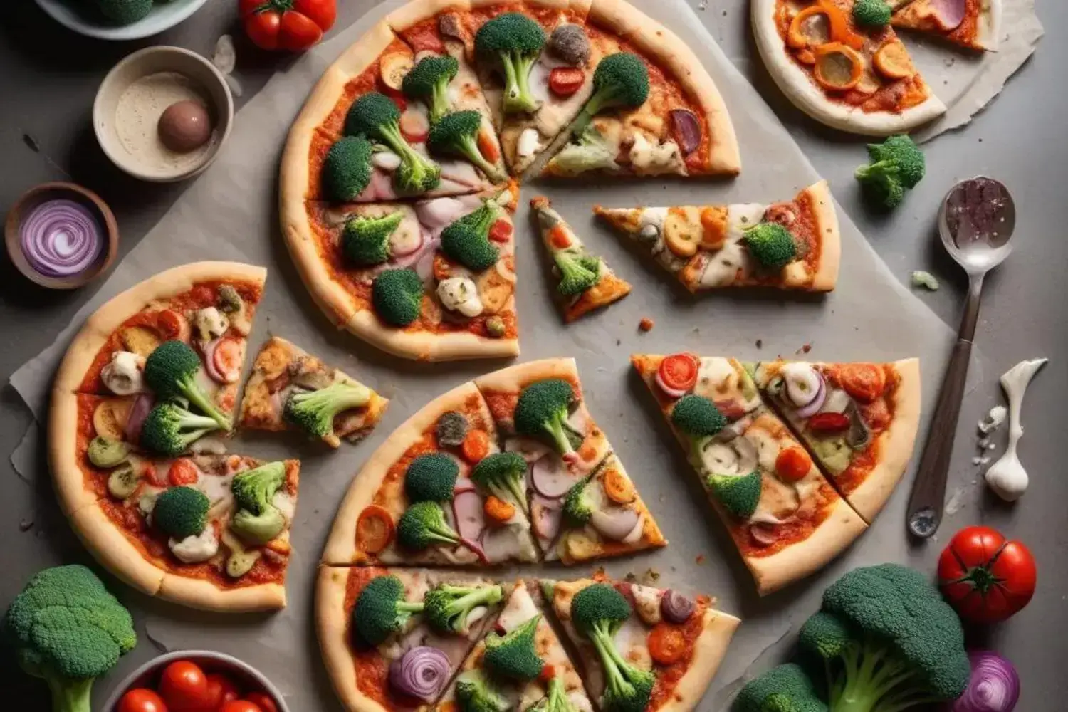 Deliciosa pizza de verduras con brócoli verde brillante, rodajas de tomate y cebolla morada sobre una base dorada y crujiente, presentada en una mesa gris.
