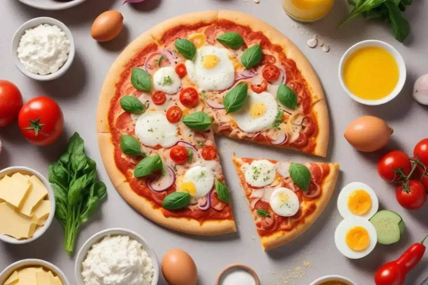 Deliciosa pizza sin harina con ingredientes frescos, incluyendo tomates rojos, albahaca verde, huevos y rodajas de cebolla morada, sobre una tabla gris.